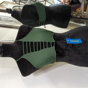 Army Green Caged Front Bikini Top w/ Lace Up Back Closure